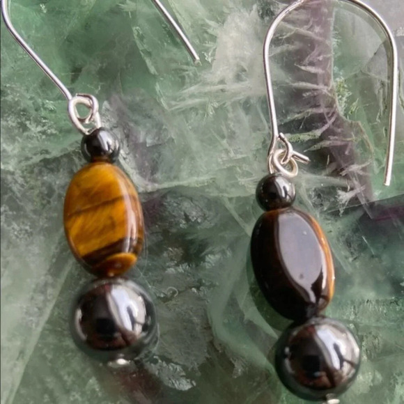 Tigers eye and Hematite 8mm beaded dangle fall vibes earrings - Picture 1 of 1